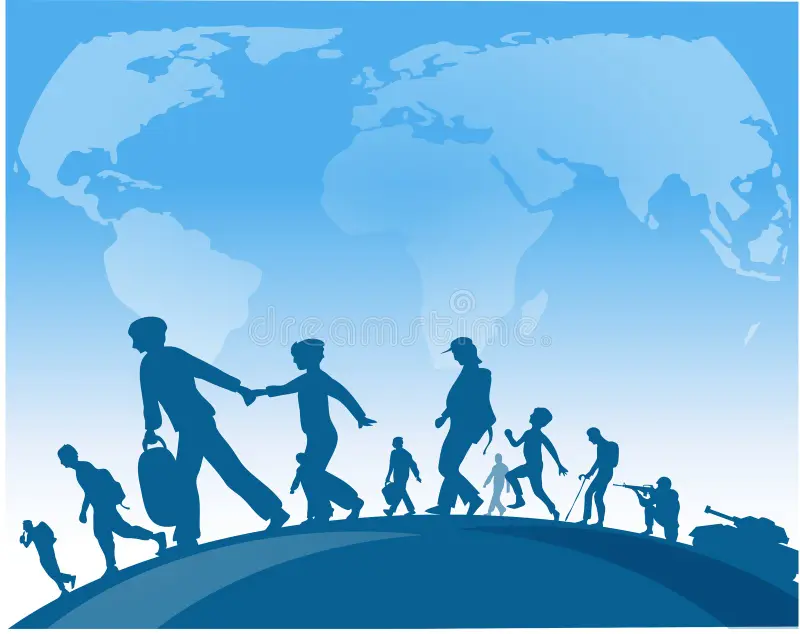 immigration people walk under world map background vector illustration 141477085